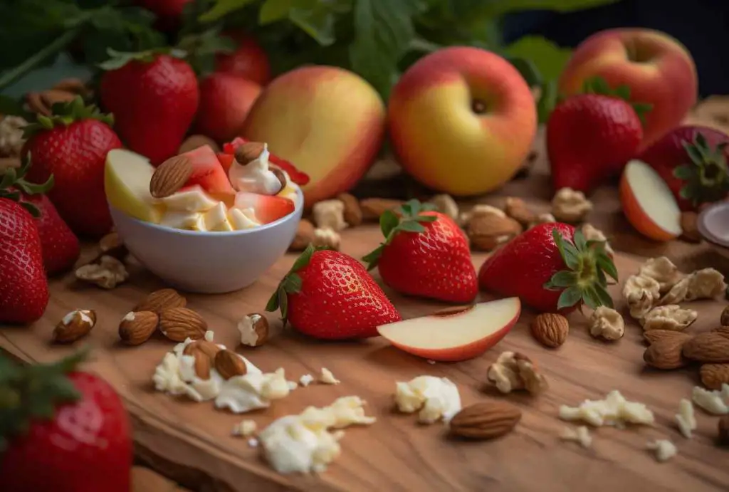 vit choklad jordgubbar nötter pärsikor och äpple